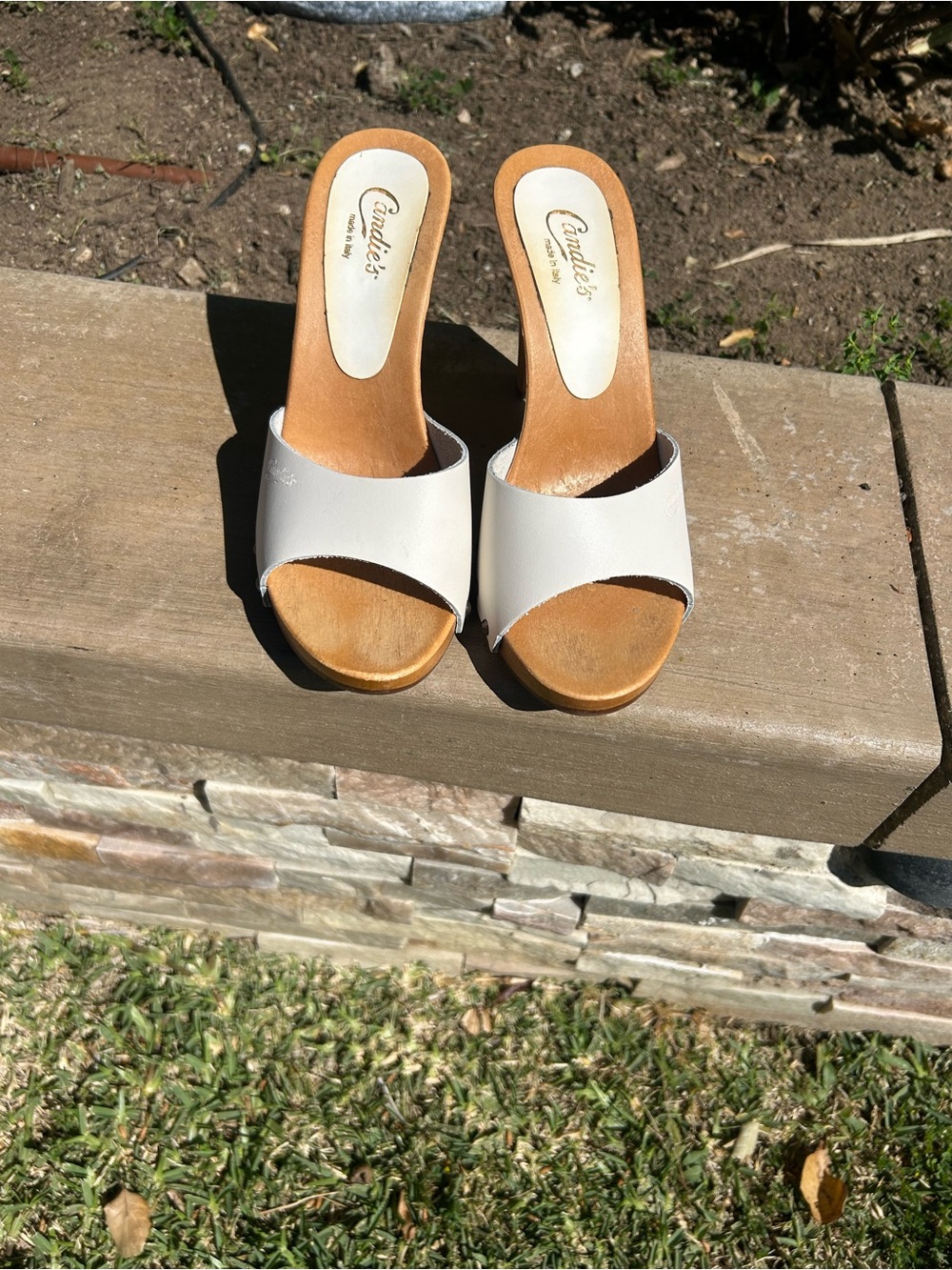 Candie's Cream Leather Slip-On Mule Heels with Wood-Look Heel - Picture 3 of 7